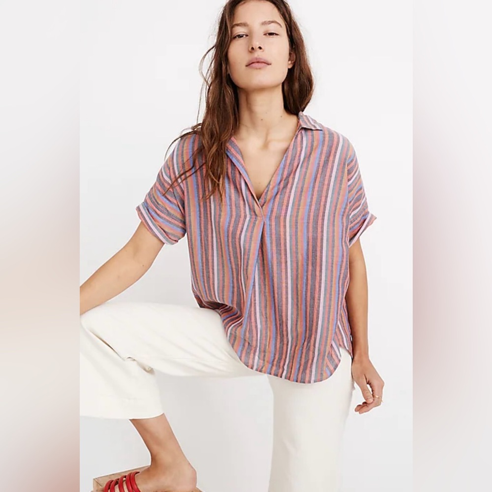 Madewell Courier Button-Back Shirt in Mulled Wine Smith Rainbow Stripe Sz XS NEW